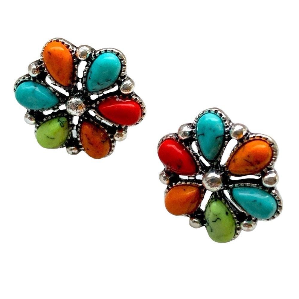 Zuni Cluster Style Studs - Turquoise Tone Western Flower Earrings